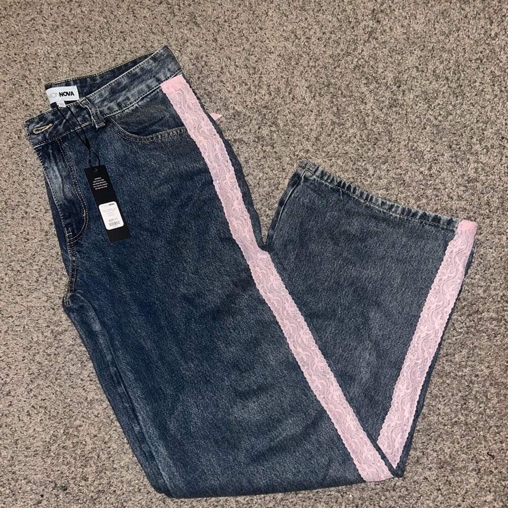 Fashion Nova Keep It Sweet Lace Trim Bow Jeans - Light Wash Size 11